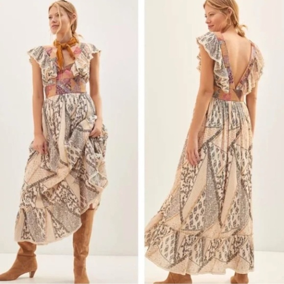 NEW Anthropologie Let Me Be Quilted Ruffle Patchwork Maxi Dress Small - Picture 1 of 15